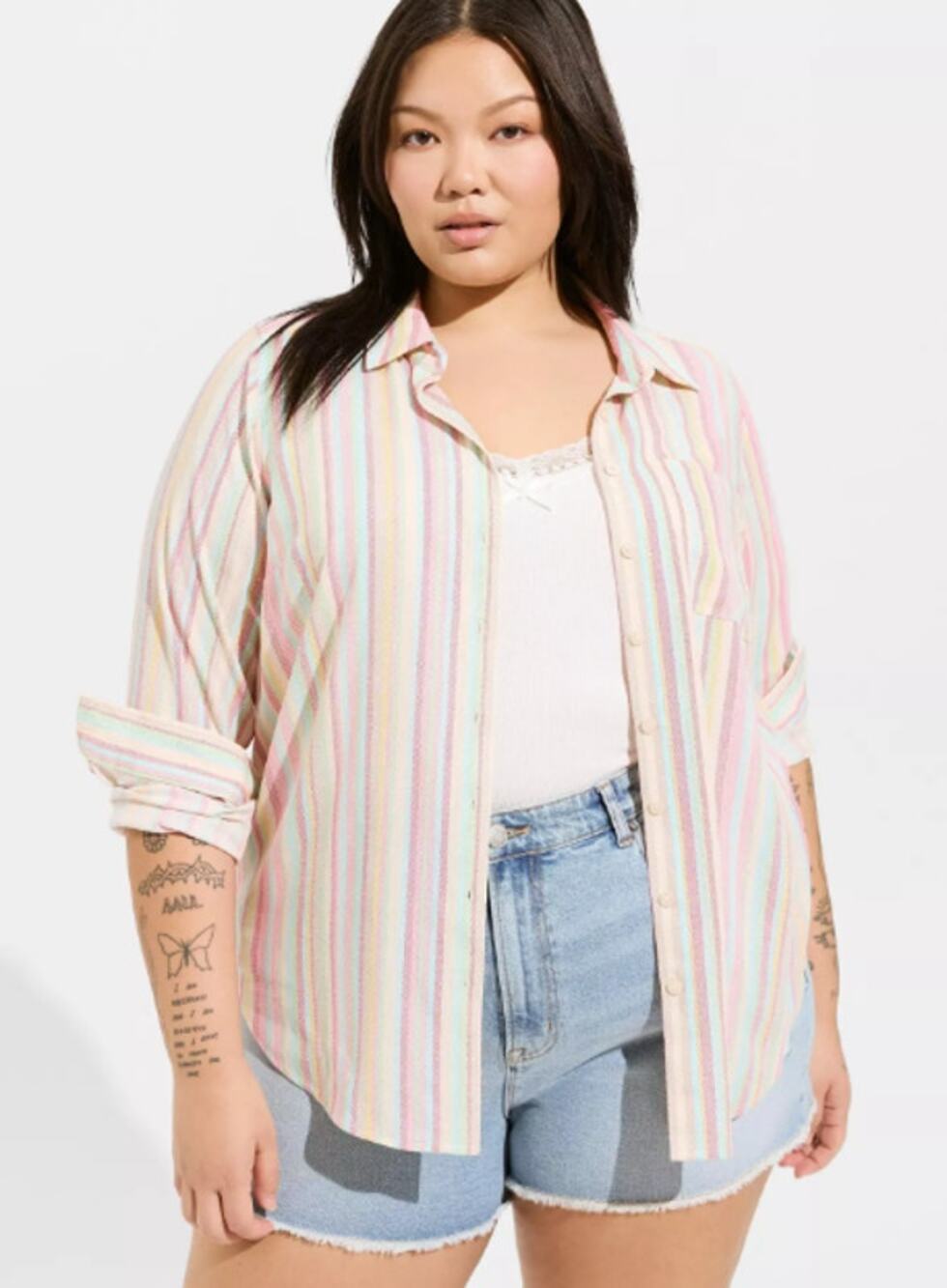 Torrid Womens Lizzie Crinkle Gauze Striped Top Plus Size 1X Button Up Layering